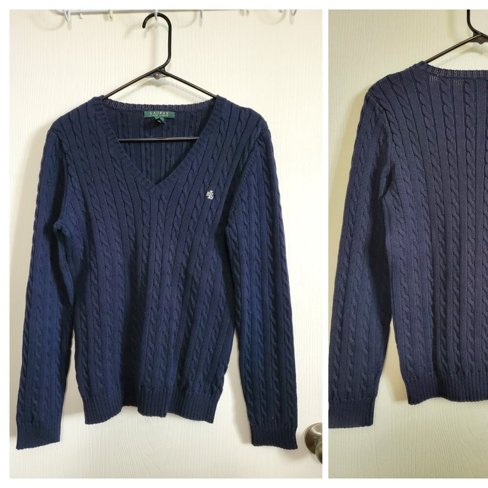 LAUREN RALPH LAUREN navy cable knit v-neck sweater